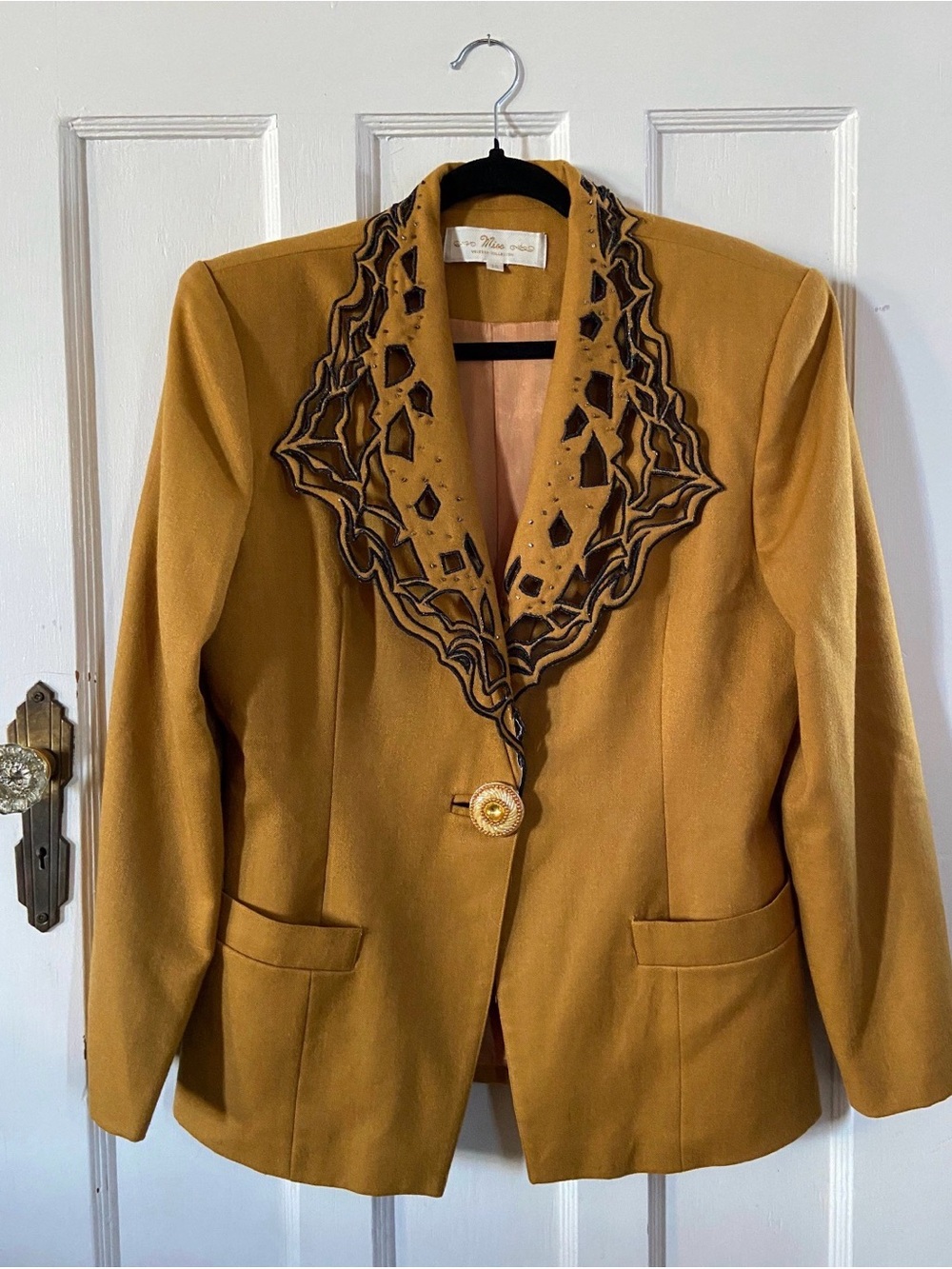 MISS VANESSA Turmeric Wool Blazer with Beaded Embellished Lapel
